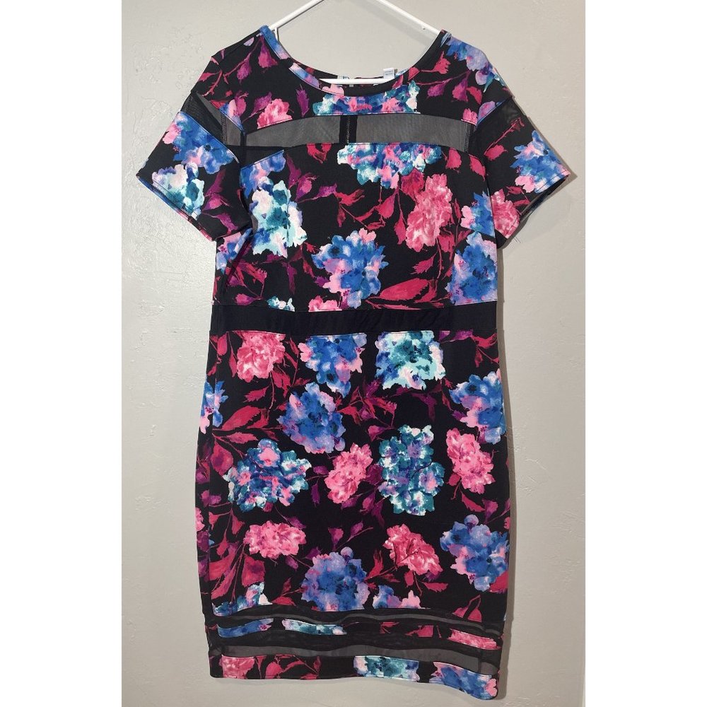 boutique black dress with pink and blue flowers